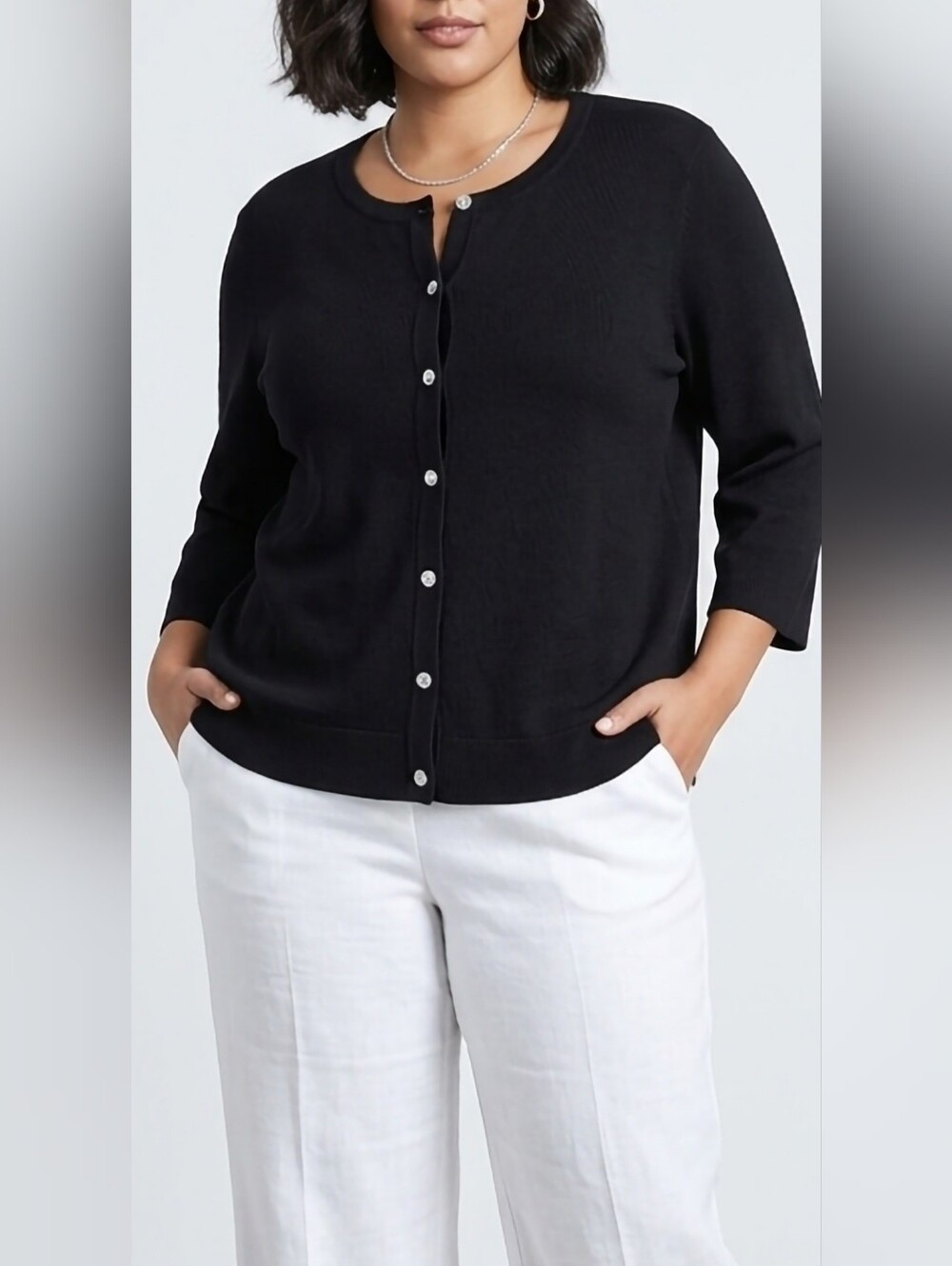 Cable & Gauge Rayon Blnd Black Crystal Button-Front Crewneck Cardigan 2X